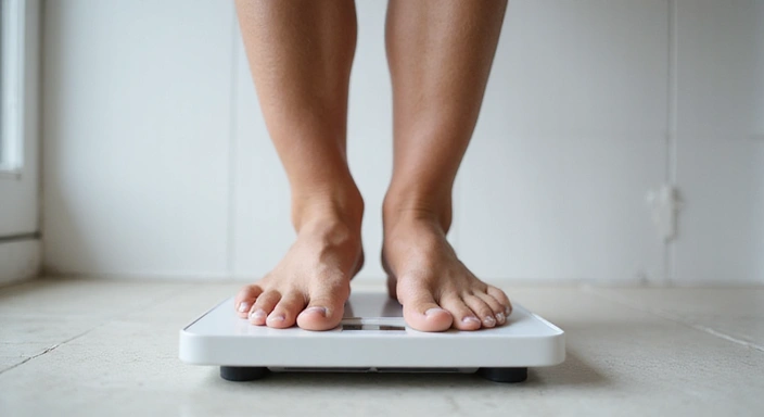 Osoba ważąca się na wadze, z uśmiechem
